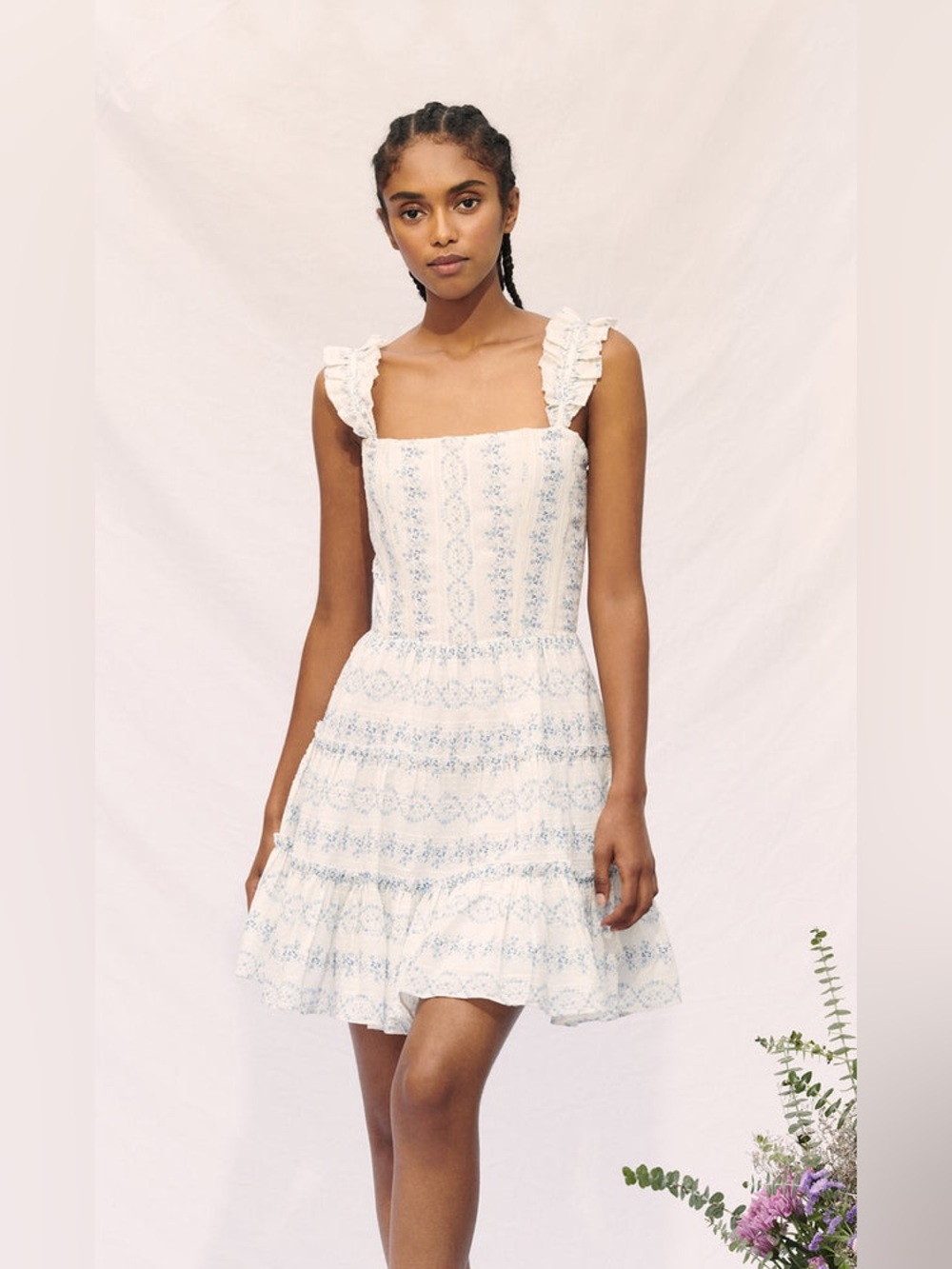 SAYLOR White Mini Dress with Light Blue Floral Trim